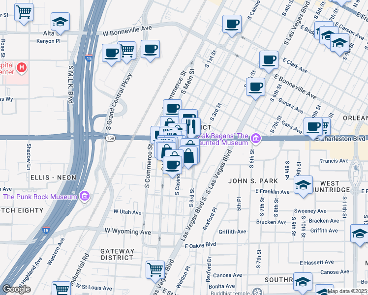 map of restaurants, bars, coffee shops, grocery stores, and more near 1111 South Casino Center Boulevard in Las Vegas