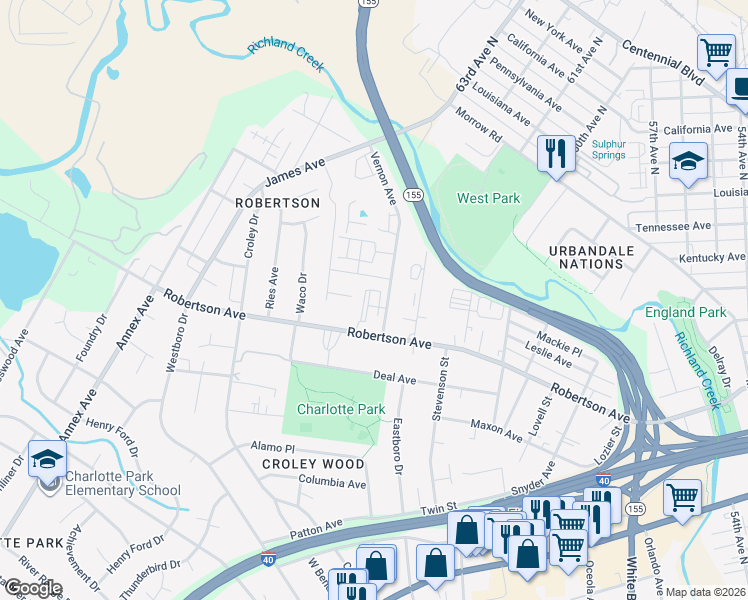 map of restaurants, bars, coffee shops, grocery stores, and more near 6110 Robertson Avenue in Nashville