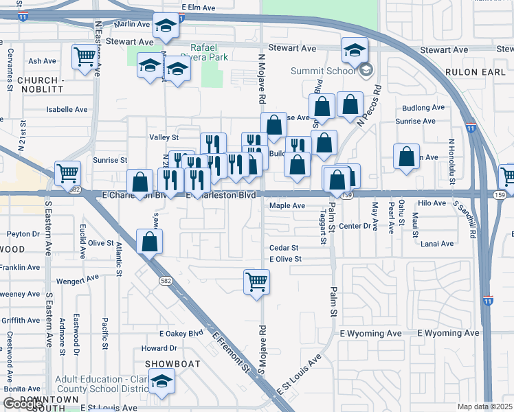 map of restaurants, bars, coffee shops, grocery stores, and more near 173 Meadows in Las Vegas