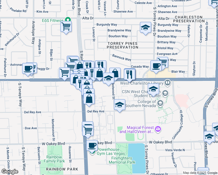 map of restaurants, bars, coffee shops, grocery stores, and more near 6729 West Charleston Boulevard in Las Vegas
