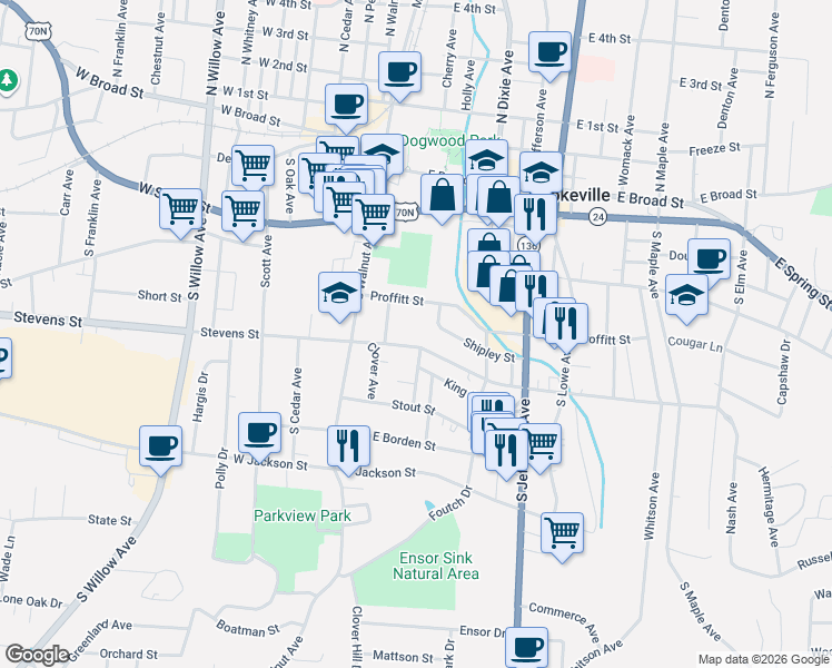 map of restaurants, bars, coffee shops, grocery stores, and more near 101 East Stevens Street in Cookeville