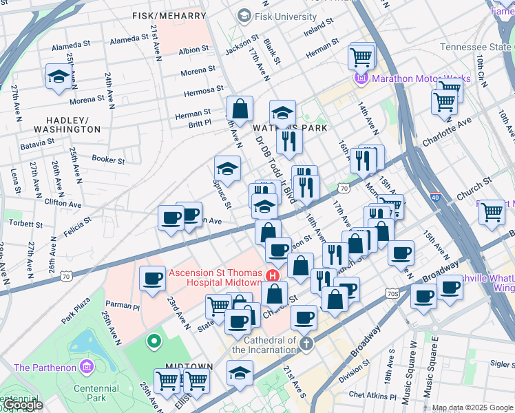 map of restaurants, bars, coffee shops, grocery stores, and more near 1902 Charlotte Avenue in Nashville