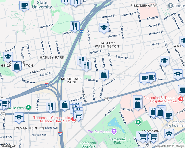 map of restaurants, bars, coffee shops, grocery stores, and more near 2702 Torbett Street in Nashville