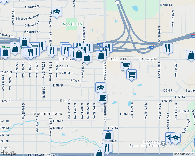 map of restaurants, bars, coffee shops, grocery stores, and more near 222 South Memorial Drive in Tulsa