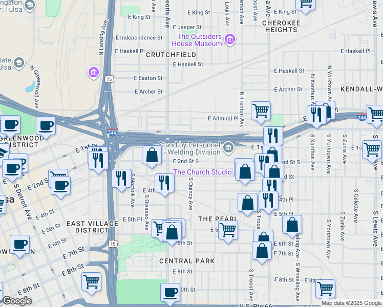 map of restaurants, bars, coffee shops, grocery stores, and more near 1416 East 2nd Street in Tulsa