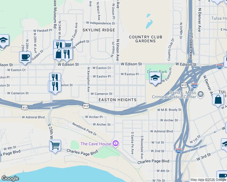 map of restaurants, bars, coffee shops, grocery stores, and more near 1716 West Cameron Street in Tulsa