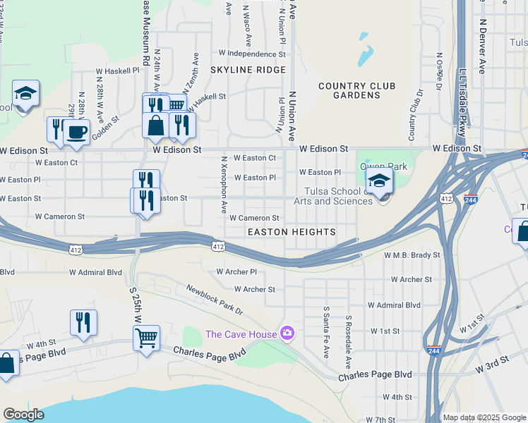 map of restaurants, bars, coffee shops, grocery stores, and more near 1716 West Cameron Street in Tulsa