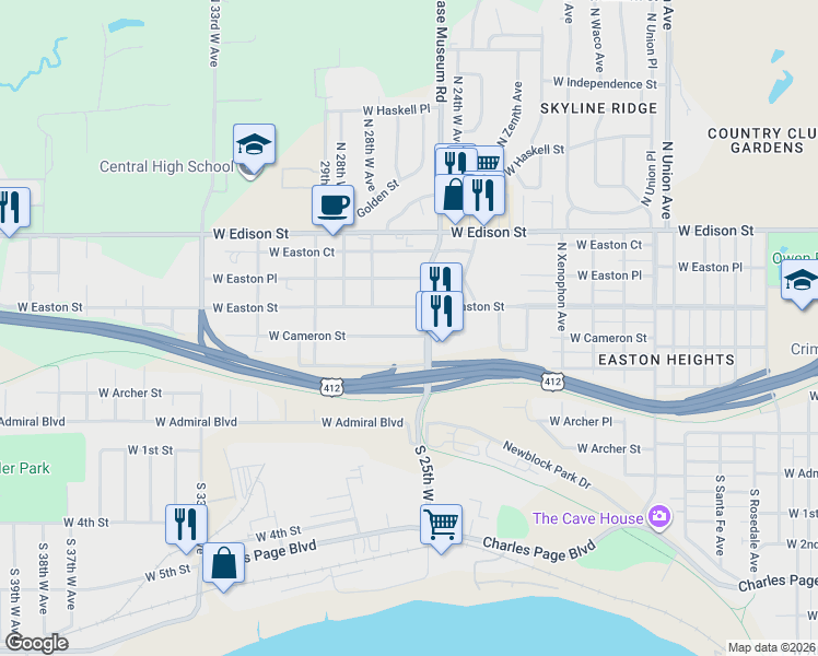 map of restaurants, bars, coffee shops, grocery stores, and more near 2517 West Reconciliation Way in Tulsa