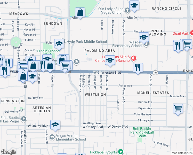 map of restaurants, bars, coffee shops, grocery stores, and more near 1115 Douglas Drive in Las Vegas