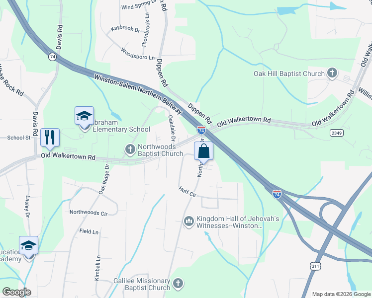 map of restaurants, bars, coffee shops, grocery stores, and more near 113 Huff Circle in Winston-Salem