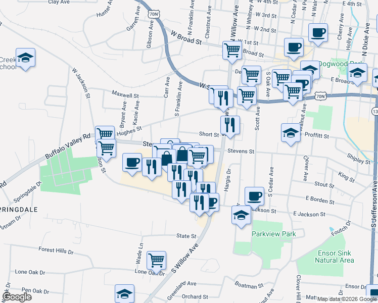 map of restaurants, bars, coffee shops, grocery stores, and more near 384 West Stevens Street in Cookeville