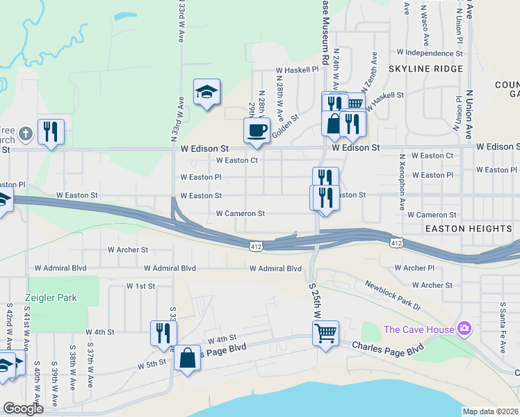 map of restaurants, bars, coffee shops, grocery stores, and more near 2735 West Reconciliation Way in Tulsa