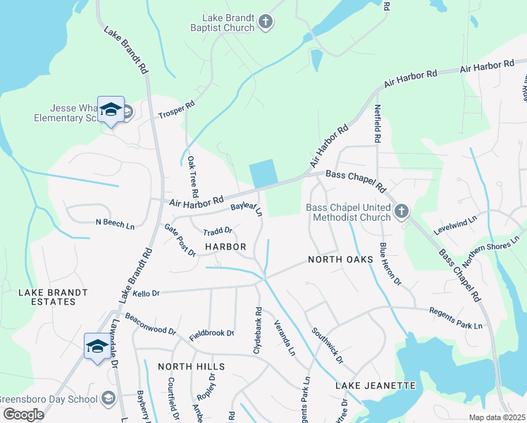 map of restaurants, bars, coffee shops, grocery stores, and more near 5801 Bayleaf Lane in Greensboro