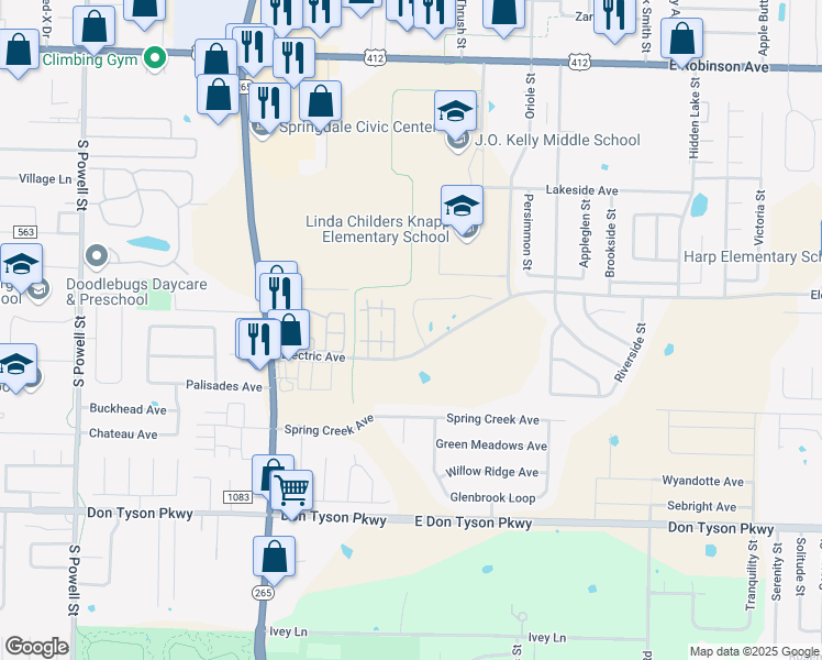 map of restaurants, bars, coffee shops, grocery stores, and more near 1734 Kingsley Circle in Springdale