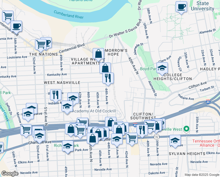 map of restaurants, bars, coffee shops, grocery stores, and more near 810 44th Avenue North in Nashville