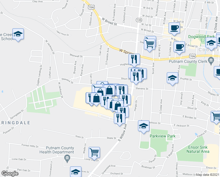 map of restaurants, bars, coffee shops, grocery stores, and more near 384 West Stevens Street in Cookeville