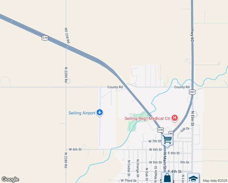 map of restaurants, bars, coffee shops, grocery stores, and more near 601 West County Line Road in Seiling
