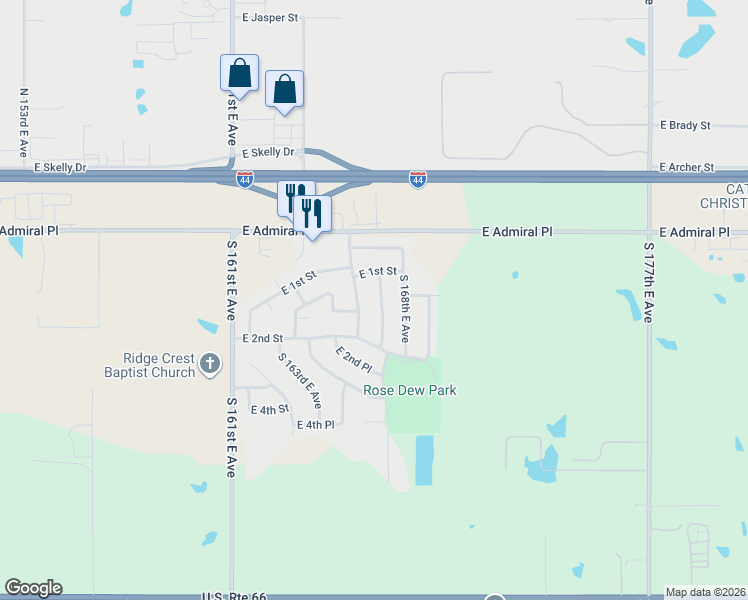 map of restaurants, bars, coffee shops, grocery stores, and more near 110 South 167th East Avenue in Tulsa