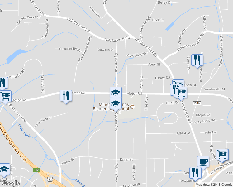 map of restaurants, bars, coffee shops, grocery stores, and more near 4615 Ogburn Avenue in Winston-Salem