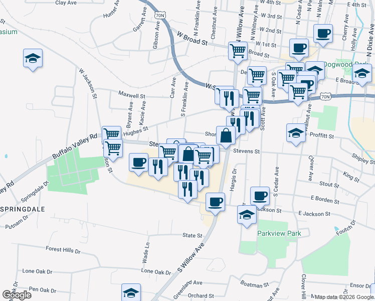 map of restaurants, bars, coffee shops, grocery stores, and more near 394 West Stevens Street in Cookeville
