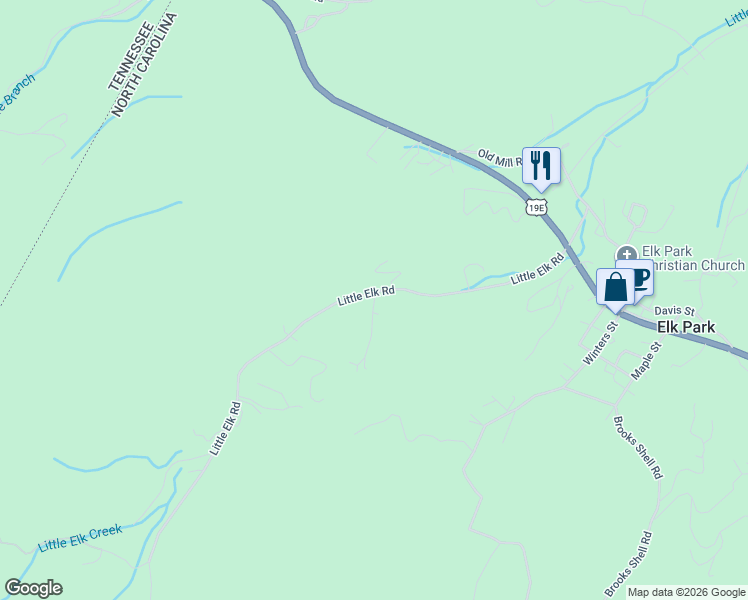 map of restaurants, bars, coffee shops, grocery stores, and more near 801 Little Elk Road in Elk Park