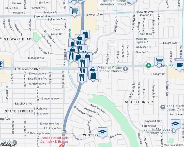 map of restaurants, bars, coffee shops, grocery stores, and more near 5191 Sir James Way in Las Vegas
