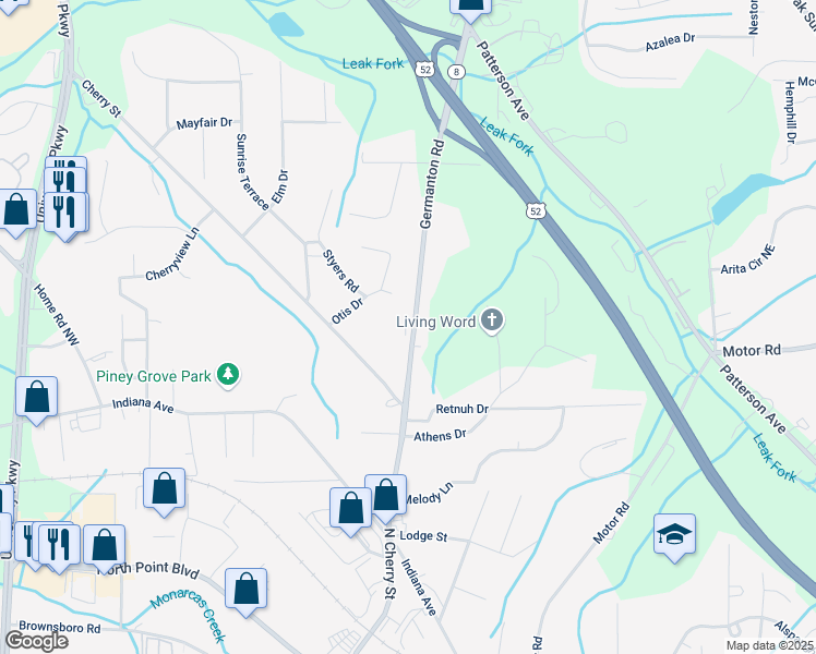 map of restaurants, bars, coffee shops, grocery stores, and more near 4832 Germanton Road in Winston-Salem