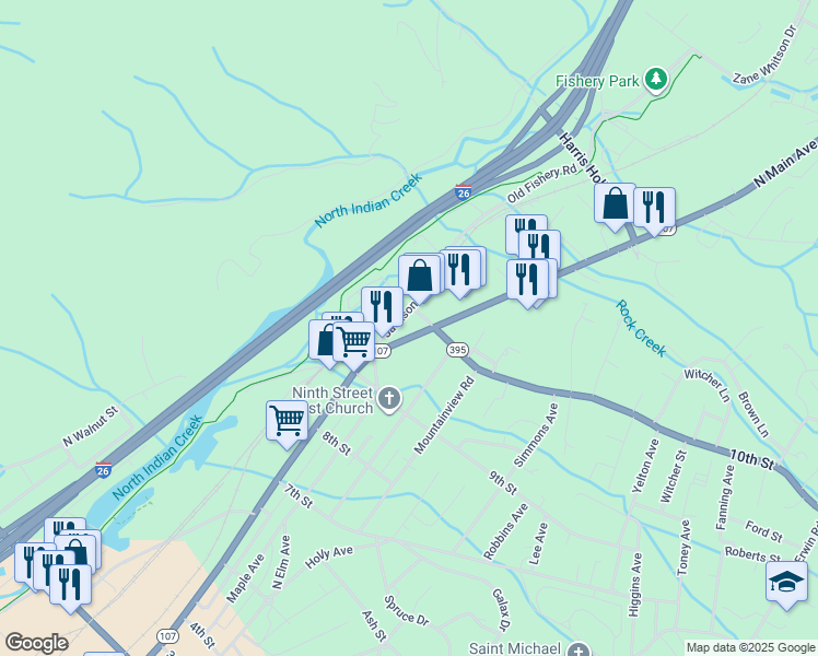 map of restaurants, bars, coffee shops, grocery stores, and more near 211 Jackson Avenue in Erwin