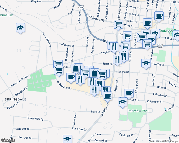 map of restaurants, bars, coffee shops, grocery stores, and more near 425 West Stevens Street in Cookeville