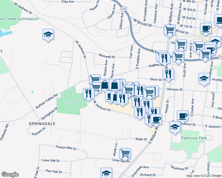 map of restaurants, bars, coffee shops, grocery stores, and more near 541 West Stevens Street in Cookeville