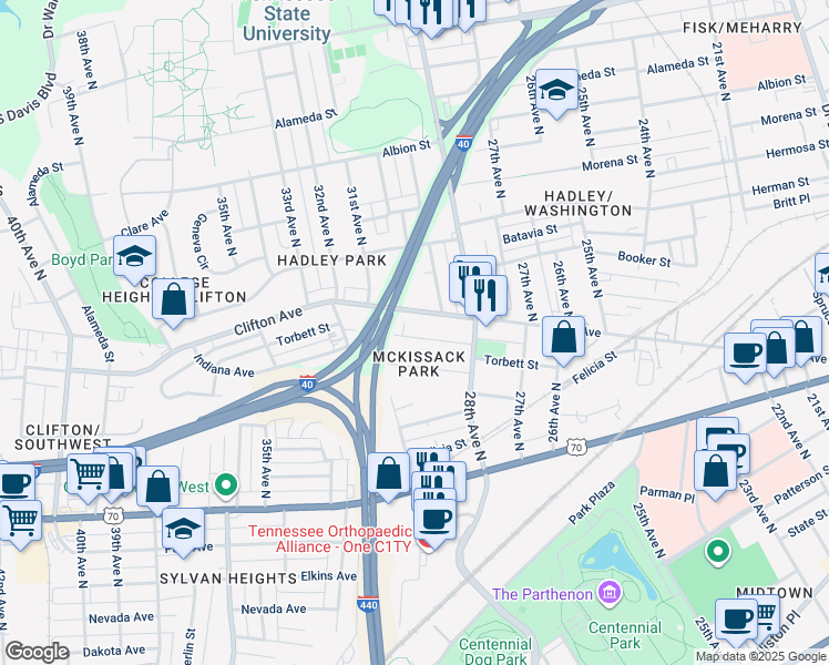 map of restaurants, bars, coffee shops, grocery stores, and more near 2841 Clifton Avenue in Nashville