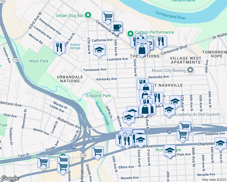 map of restaurants, bars, coffee shops, grocery stores, and more near 5400 Michigan Avenue in Nashville