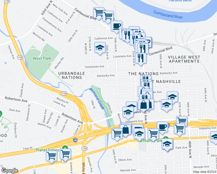 map of restaurants, bars, coffee shops, grocery stores, and more near 5502 Michigan Avenue in Nashville