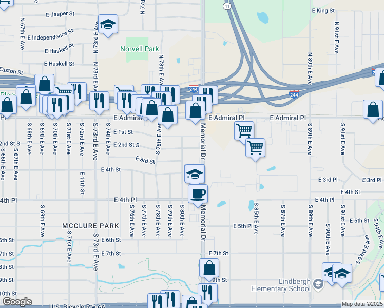 map of restaurants, bars, coffee shops, grocery stores, and more near 8023 East 2nd Street in Tulsa