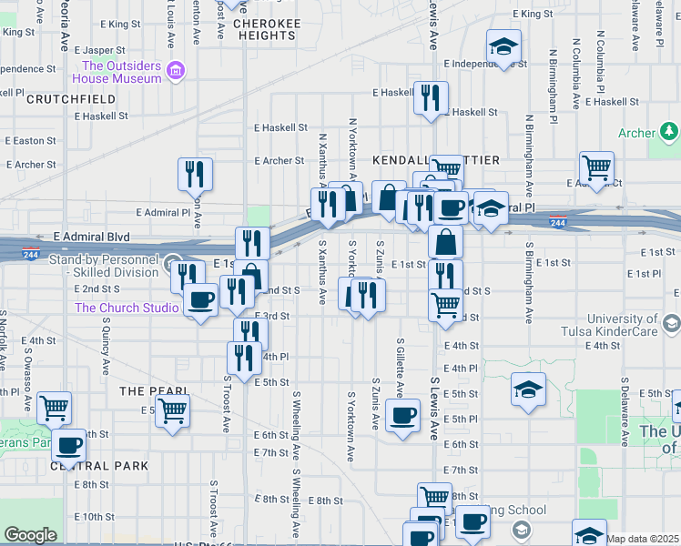 map of restaurants, bars, coffee shops, grocery stores, and more near 12 South Yorktown Avenue in Tulsa