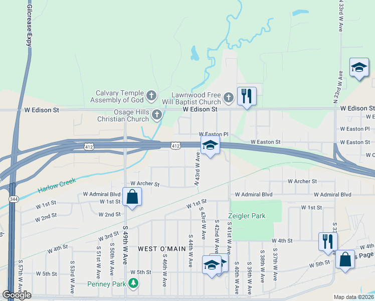map of restaurants, bars, coffee shops, grocery stores, and more near 458 North 44th West Avenue in Tulsa