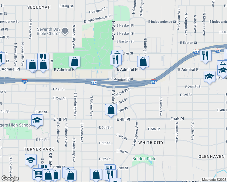 map of restaurants, bars, coffee shops, grocery stores, and more near 81 South Yale Avenue in Tulsa