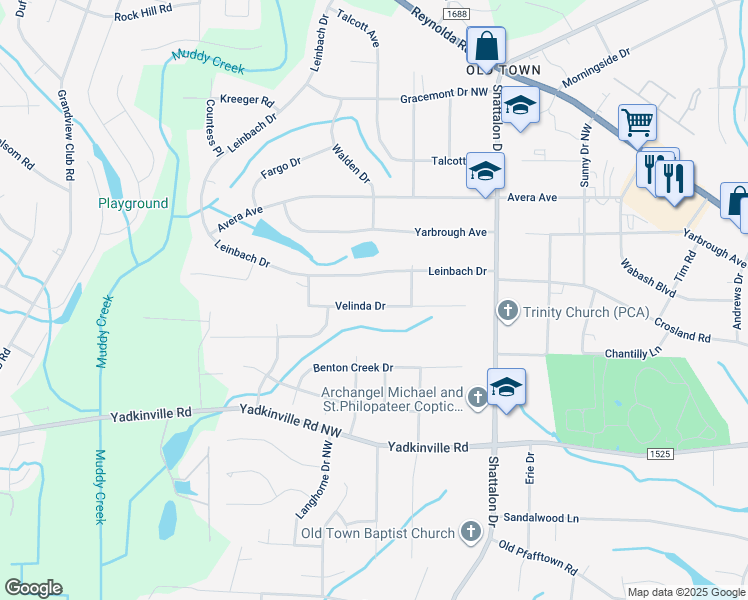 map of restaurants, bars, coffee shops, grocery stores, and more near 3941 Velinda Drive in Winston-Salem