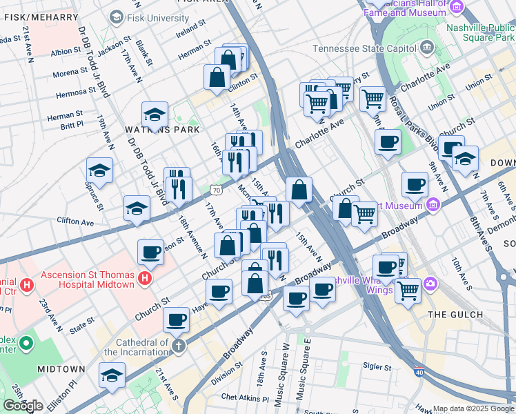 map of restaurants, bars, coffee shops, grocery stores, and more near 307 15th Avenue North in Nashville