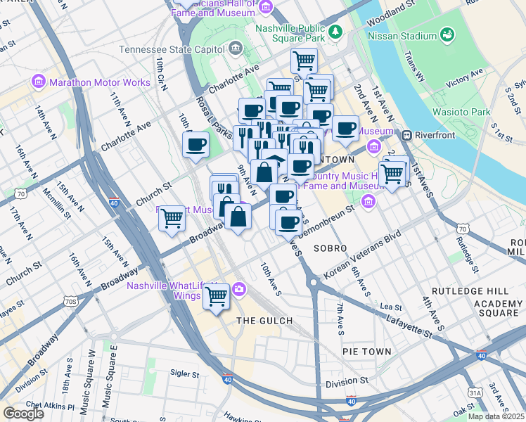 map of restaurants, bars, coffee shops, grocery stores, and more near 801 Broadway in Nashville