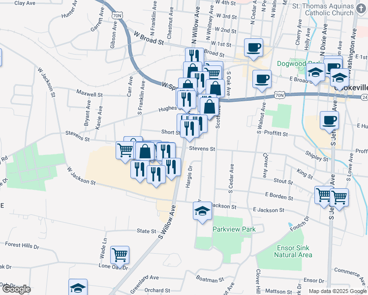 map of restaurants, bars, coffee shops, grocery stores, and more near 299 South Willow Avenue in Cookeville