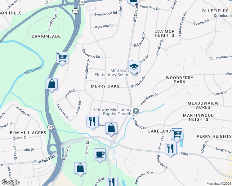map of restaurants, bars, coffee shops, grocery stores, and more near 2408 Cloverdale Road in Nashville
