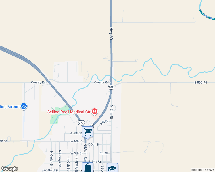 map of restaurants, bars, coffee shops, grocery stores, and more near U.S. 281 in Seiling