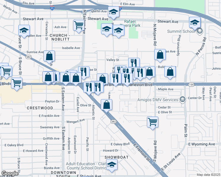 map of restaurants, bars, coffee shops, grocery stores, and more near 2784 East Charleston Boulevard in Las Vegas