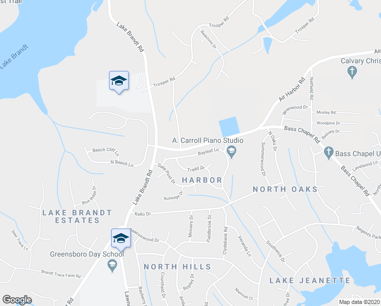 map of restaurants, bars, coffee shops, grocery stores, and more near 5707 Bayleaf Lane in Greensboro