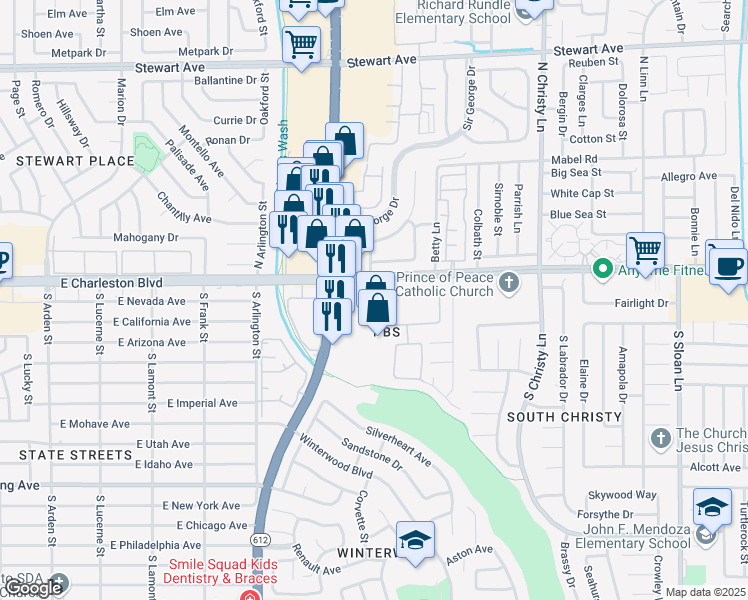 map of restaurants, bars, coffee shops, grocery stores, and more near 1200 South Nellis Boulevard in Las Vegas