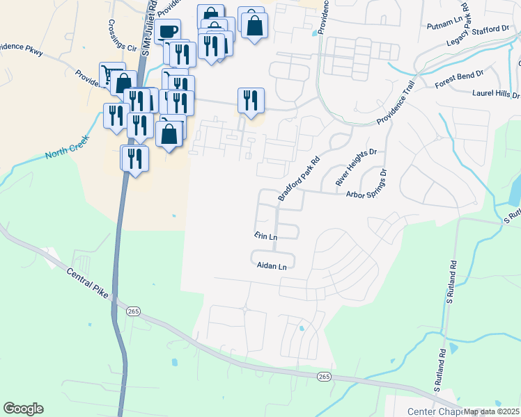 map of restaurants, bars, coffee shops, grocery stores, and more near 2158 Erin Lane in Mt. Juliet