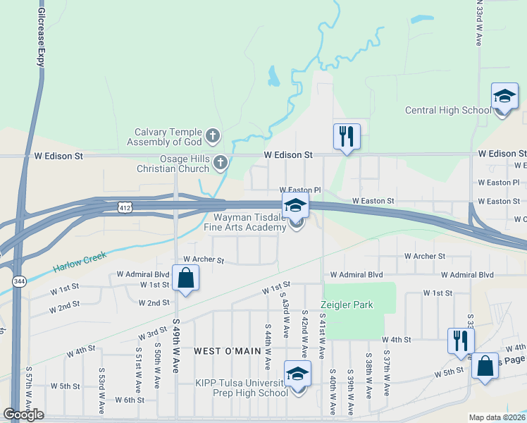 map of restaurants, bars, coffee shops, grocery stores, and more near 458 North 44th West Avenue in Tulsa