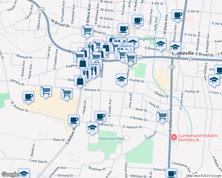 map of restaurants, bars, coffee shops, grocery stores, and more near 55 West Stevens Street in Cookeville
