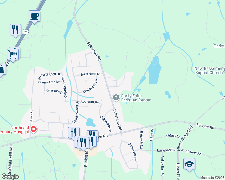map of restaurants, bars, coffee shops, grocery stores, and more near 5620 Eckerson Road in Greensboro
